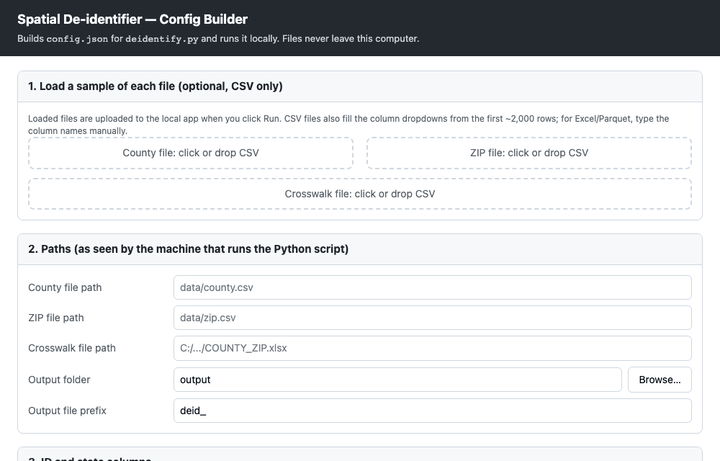 Demo: loading county, ZIP and crosswalk files, choosing variables, running, and viewing the top subset